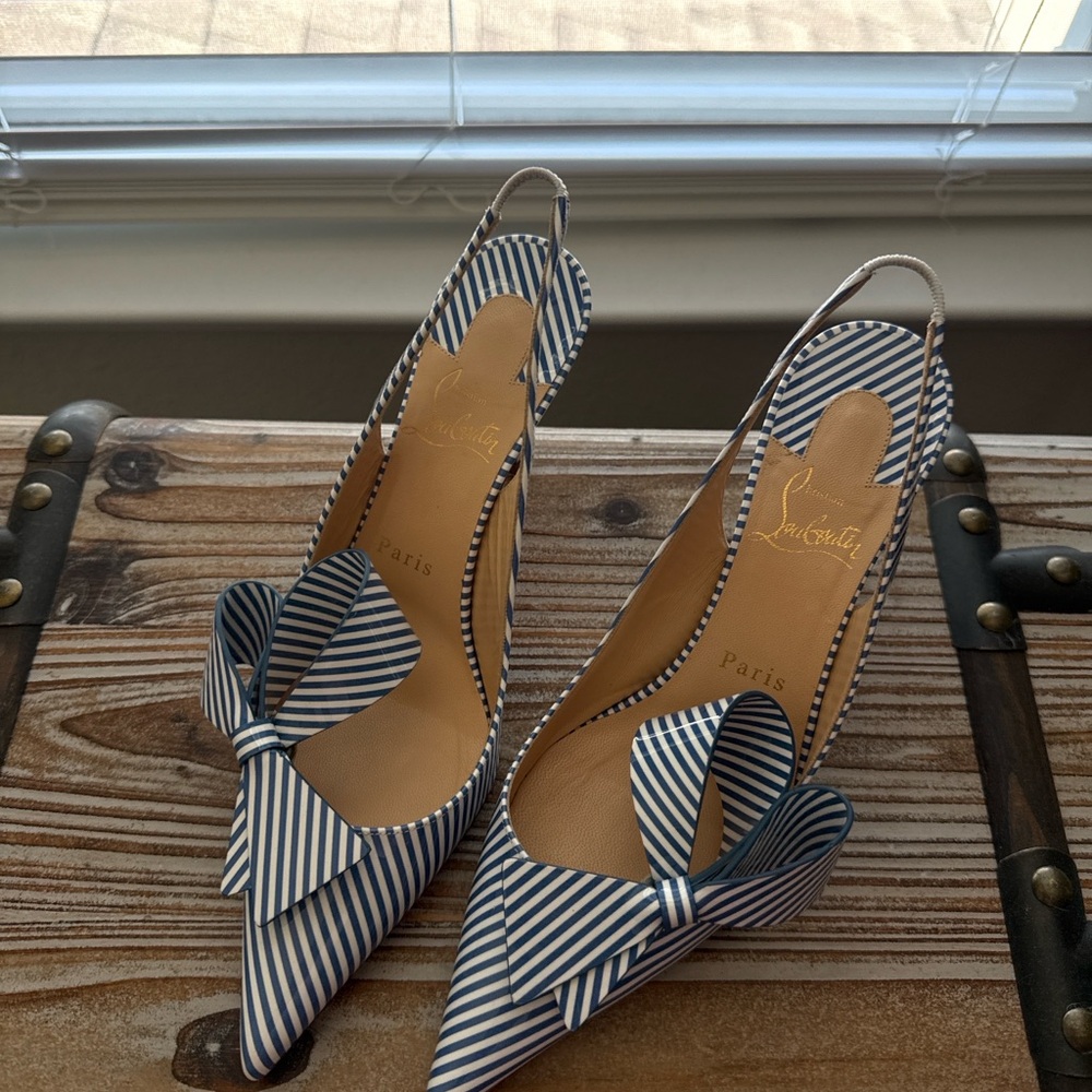 Christian Louboutin Blue/White Striped Bow Slingback Heels AUTHENTIC sz 37 (6/7) - Picture 2 of 11